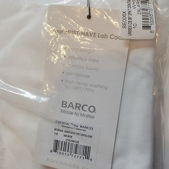 Barco Essentials Dental Lab Coat, BE006X, Unisex XXL,White, New in PKG - Picture 5 of 6
